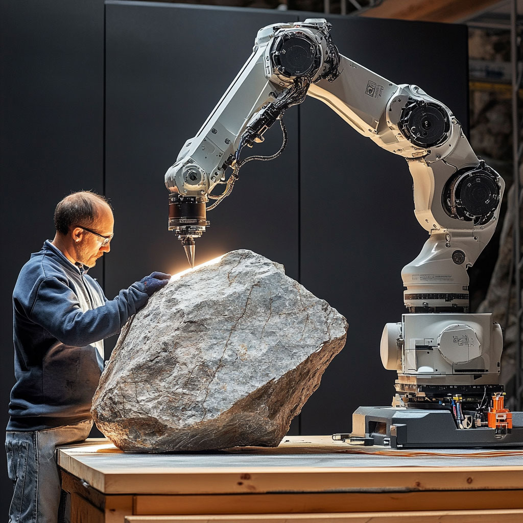 AI The Threat - Robot assisting an artist with cutting a large stone